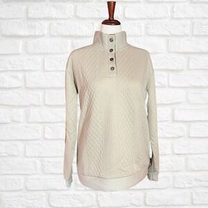 Quilted Mock Neck Pullover Sweater Large Beige Tan Elbow Patches Casual Unisex